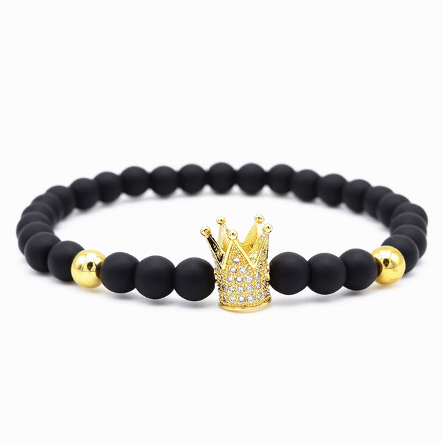 Black Obsidian Crown CZ Beaded Bracelet