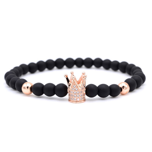 Black Obsidian Crown CZ Beaded Bracelet