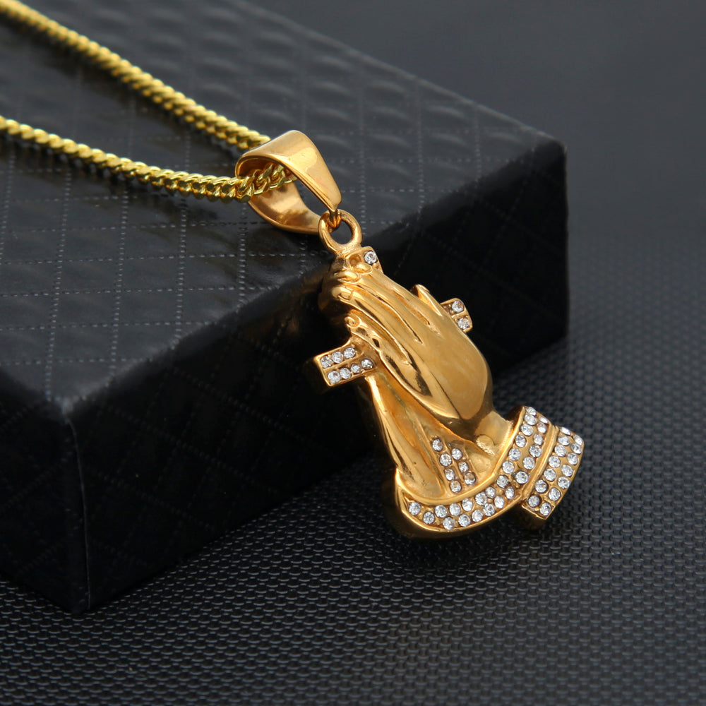 Gold Praying Hands Cross CZ Necklace