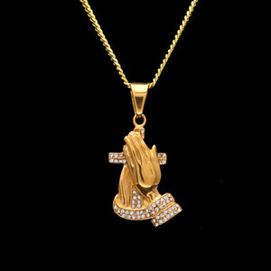 Gold Praying Hands Cross CZ Necklace